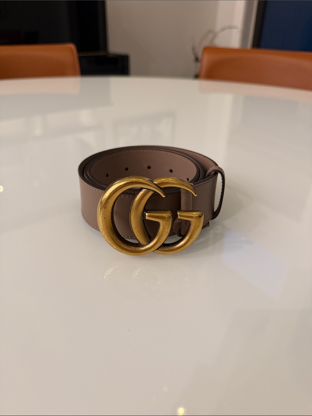 Authentic Gucci Taupe Leather Belt with Gold Double G Buckle - Picture 1 of 5